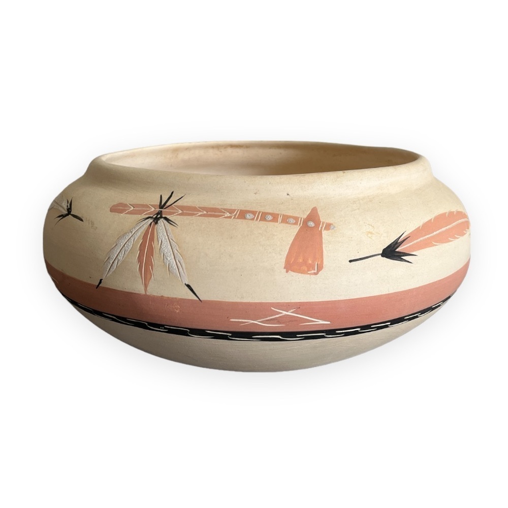 Desert Pueblo Hand Painted Stoneware Large Pottery Feather Signed‎ Little Red 3
